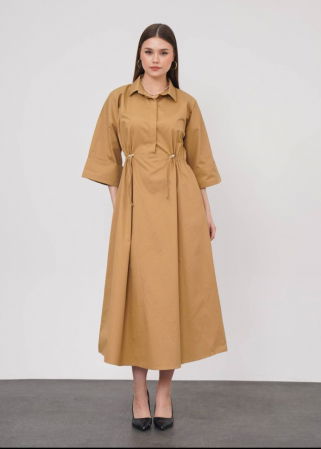 Rochii Elegante & Office - Rochie lunga tip camasa din poplin satinat de bumbac, camel