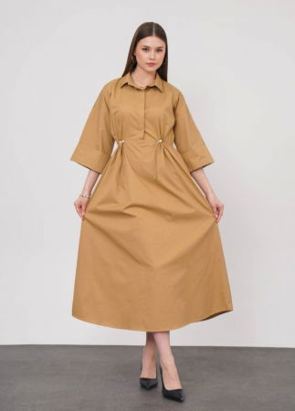 Rochie lunga tip camasa din poplin satinat de bumbac, camel [3]