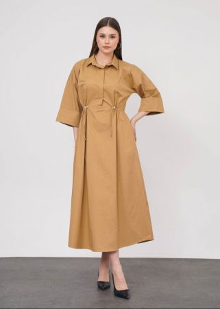 Rochie lunga tip camasa din poplin satinat de bumbac, camel [2]