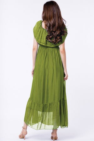 Rochie lunga, verde olive, din matase si vascoza, cu volan pe umeri [2]