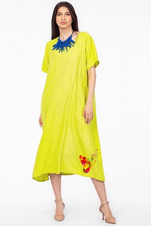 Rochii din In - Rochie lunga verde lime din in mercerizat, marime oversize cu fluture stilizat