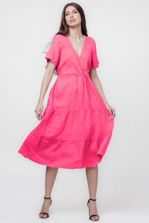 Rochie fucsia din in cu volane si bust petrecut [1]