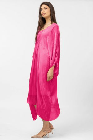 Rochie fucsia in colturi, lunga, ampla, din matase si vascoza, cu detaliu sub bust [1]
