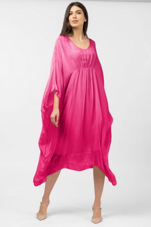 Rochii Elegante & Office - Rochie fucsia in colturi, lunga, ampla, din matase si vascoza, cu detaliu sub bust