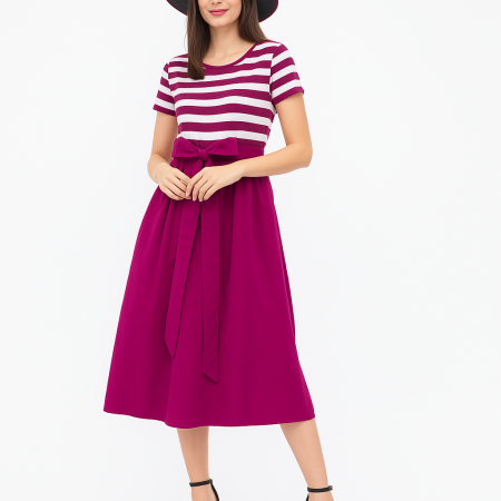 Rochii Casual - Rochie marinar din tricot cu dungi si poplin de bumbac, magenta