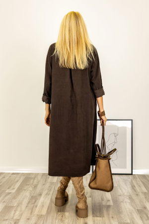 Rochie midi cu taietura oblica si boboci, din catifea reiata maro [3]