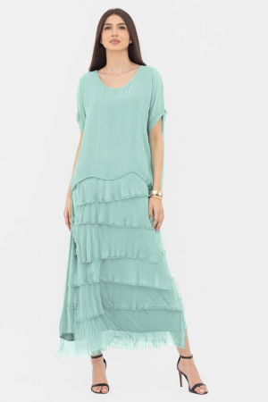 Rochie verde menta din matase si vascoza cu  volane franjurate suprapuse [1]