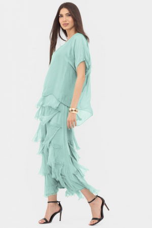 Rochii Elegante & Office - Rochie verde menta din matase si vascoza cu  volane franjurate suprapuse