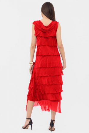 Rochie rosie din matase si vascoza cu  volane franjurate suprapuse, fara maneci [2]