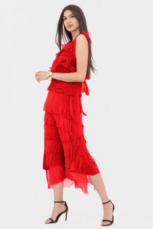 Rochie rosie din matase si vascoza cu  volane franjurate suprapuse, fara maneci [1]