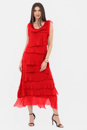 Rochii Elegante & Office - Rochie rosie din matase si vascoza cu  volane franjurate suprapuse, fara maneci