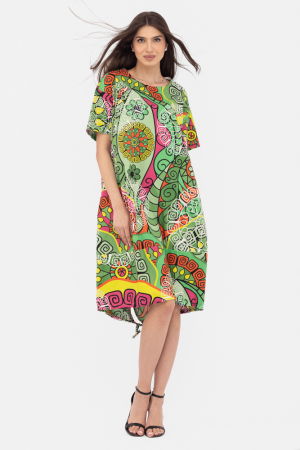 Rochii masuri mari - Rochie masura mare din poplin de bumbac satinat, cu siret la baza si imprimeu mandale pe fond verde