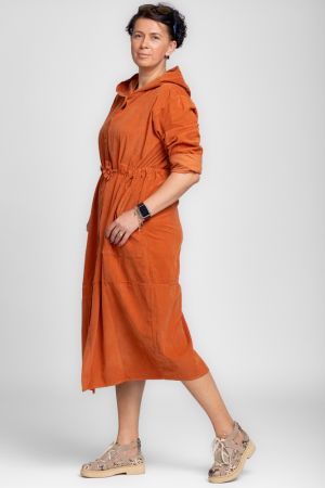 Rochie camasa din catifea reiata cu gluga si siret in talie, caramizie [2]