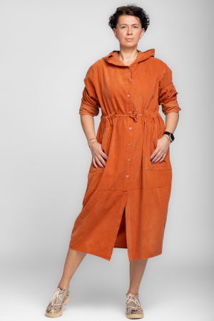 Rochii masuri mari - Rochie camasa din catifea reiata cu gluga si siret in talie, caramizie