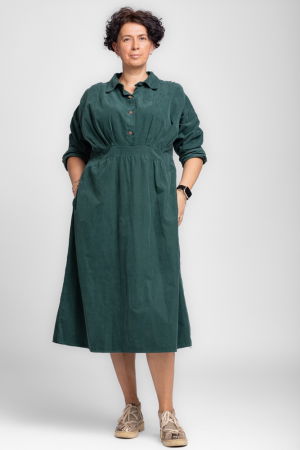 Rochie masura mare din catifea reiata taiata in talie, verde inchis [1]