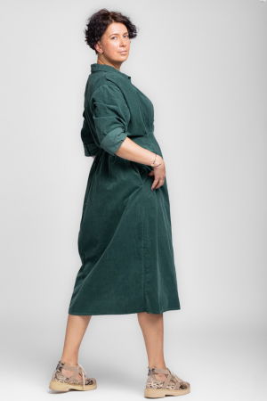 Rochie masura mare din catifea reiata taiata in talie, verde inchis [2]