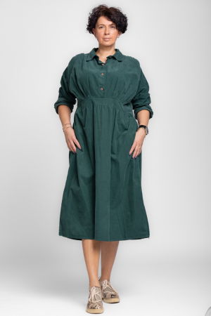 Rochii masuri mari - Rochie masura mare din catifea reiata taiata in talie, verde inchis