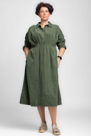 Rochii Casual - Rochie masura mare din catifea reiata taiata in talie, verde kaki