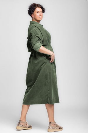 Rochie masura mare din catifea reiata taiata in talie, verde kaki [1]