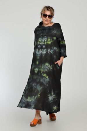 Rochie maxi,  A-line, din in, cu guler amplu, cu imprimeu boem tie-dye negru [1]