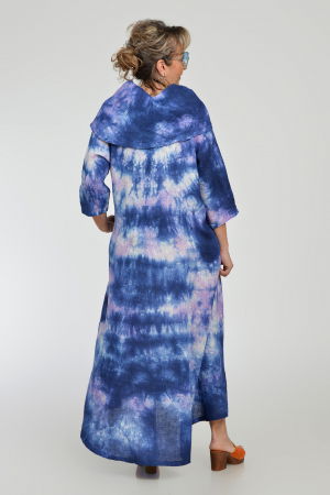 Rochie maxi,  A-line, din in, cu guler amplu, cu imprimeu boem tie-dye bleumarin [8]