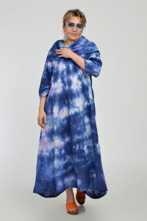 Rochie maxi,  A-line, din in, cu guler amplu, cu imprimeu boem tie-dye bleumarin [2]