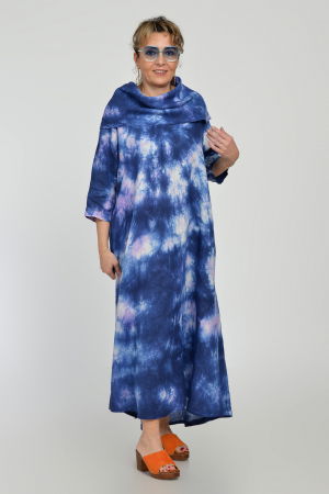 Rochie maxi,  A-line, din in, cu guler amplu, cu imprimeu boem tie-dye bleumarin [5]