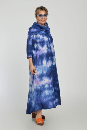 Rochie maxi,  A-line, din in, cu guler amplu, cu imprimeu boem tie-dye bleumarin [6]