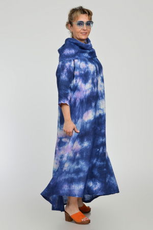 Rochie maxi,  A-line, din in, cu guler amplu, cu imprimeu boem tie-dye bleumarin [7]