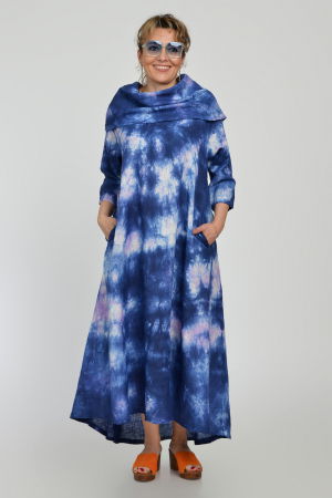 Rochii din In - Rochie maxi,  A-line, din in, cu guler amplu, cu imprimeu boem tie-dye bleumarin