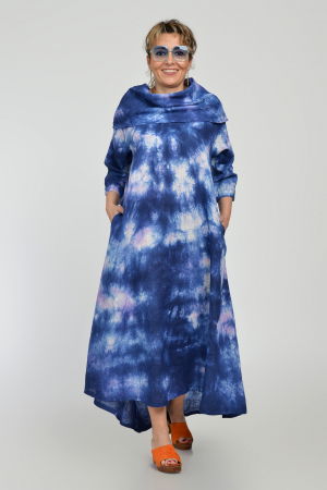 Rochie maxi,  A-line, din in, cu guler amplu, cu imprimeu boem tie-dye bleumarin [4]