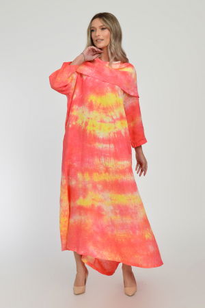 Rochie maxi,  A-line, din in, cu guler amplu, cu imprimeu boem tie-dye corai [8]