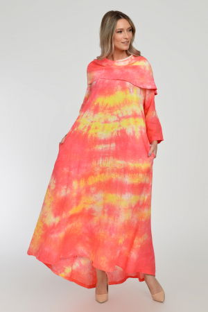 Rochie maxi,  A-line, din in, cu guler amplu, cu imprimeu boem tie-dye corai [5]