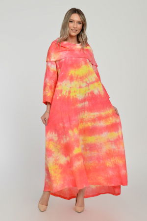 Rochie maxi,  A-line, din in, cu guler amplu, cu imprimeu boem tie-dye corai [11]
