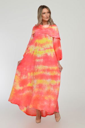 Rochie maxi,  A-line, din in, cu guler amplu, cu imprimeu boem tie-dye corai [12]