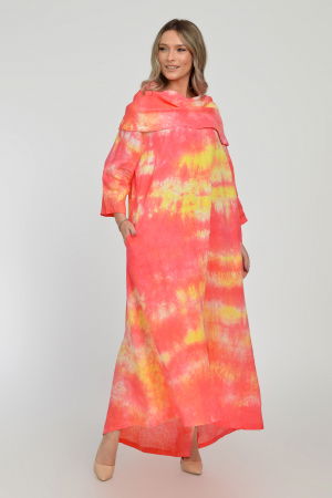 Rochie maxi,  A-line, din in, cu guler amplu, cu imprimeu boem tie-dye corai [6]