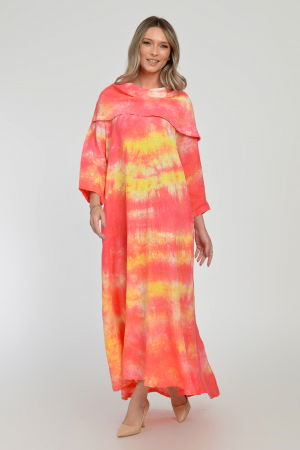 Rochie maxi,  A-line, din in, cu guler amplu, cu imprimeu boem tie-dye corai [7]