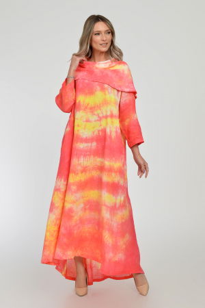 Rochie maxi,  A-line, din in, cu guler amplu, cu imprimeu boem tie-dye corai [2]