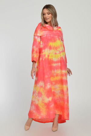 Rochie maxi,  A-line, din in, cu guler amplu, cu imprimeu boem tie-dye corai [9]