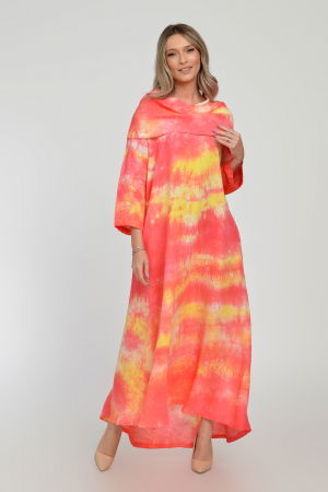 Rochie maxi,  A-line, din in, cu guler amplu, cu imprimeu boem tie-dye corai [3]