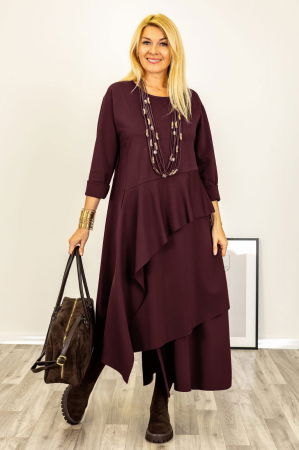 Rochie maxi asimetrica cu volane, din tricot de vascoza, bordo [2]