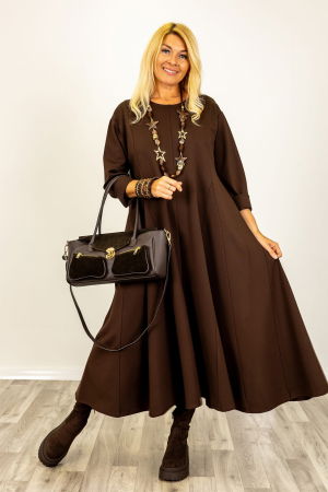 Rochii Casual - Rochie maxi in clini, cu croi evazat si cusaturi, din tricot de vascoza maro