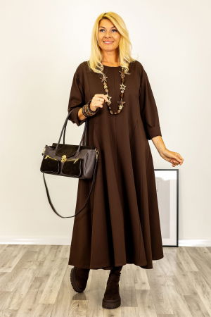 Rochie maxi in clini, cu croi evazat si cusaturi, din tricot de vascoza maro [1]