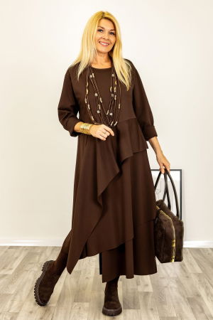 Rochie maxi asimetrica cu volane, din tricot de vascoza, maro [2]