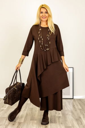 Rochie maxi asimetrica cu volane, din tricot de vascoza, maro [3]