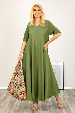 Rochii din In - Rochie maxi din in foarte amplă verde oliv