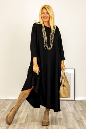 Rochii din Jerseu - Rochie maxi in clini, cu croi evazat si cusaturi, din tricot de vascoza neagra