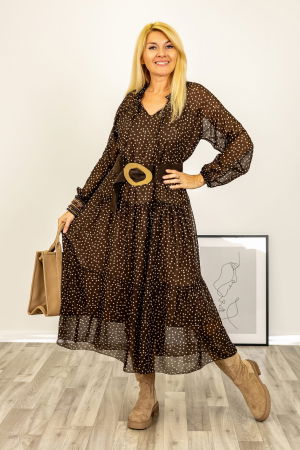 Rochii Casual - Rochie maxi maro cu buline, cu volane si maneci vaporoase