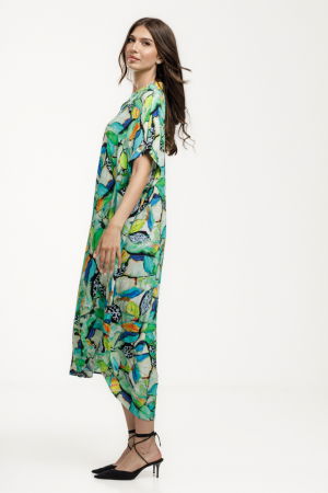 Rochie lunga lalea, vaporoasa, din vascoza cu imprimeu tropical multicolor predominant verde [2]
