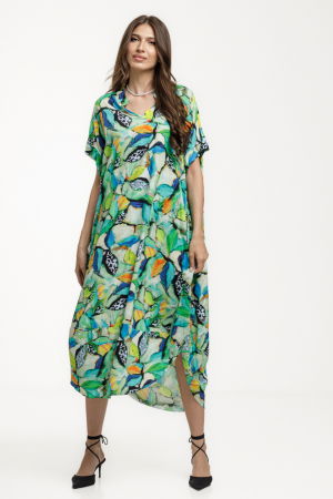 Rochie lunga lalea, vaporoasa, din vascoza cu imprimeu tropical multicolor predominant verde [1]
